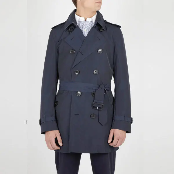 2014 Fashion Double Breasted Belted Short Navy Blue Trench Coat Men ...