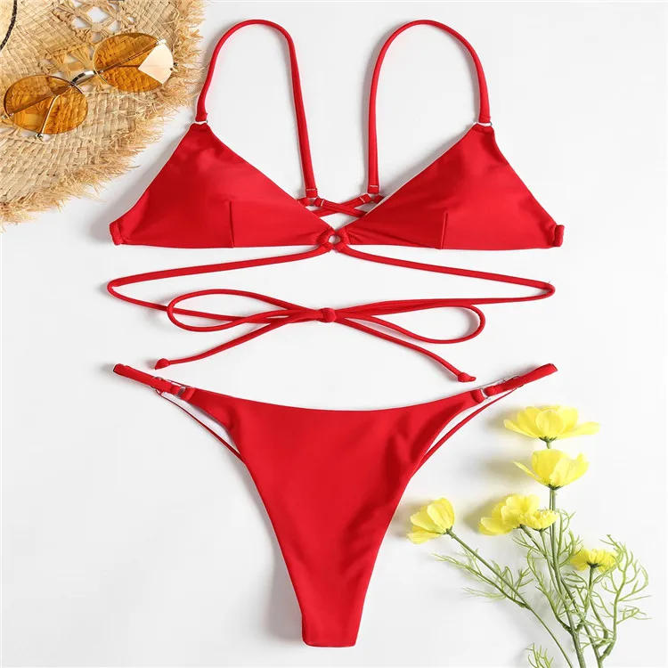 Fashion Red Bandages Top And Bottoms Low Waist Sexy Bikini For Mature Women Swimwear Buy