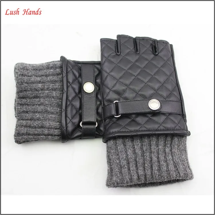 2016 spring ladies fingerless leather hand gloves with knittning ending