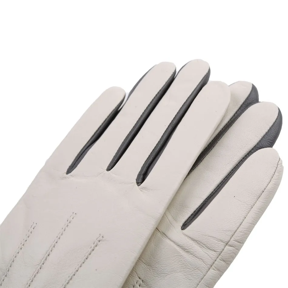 Fashion Wool Lined Leather Gloves With 5 Button Comparison Beige Color