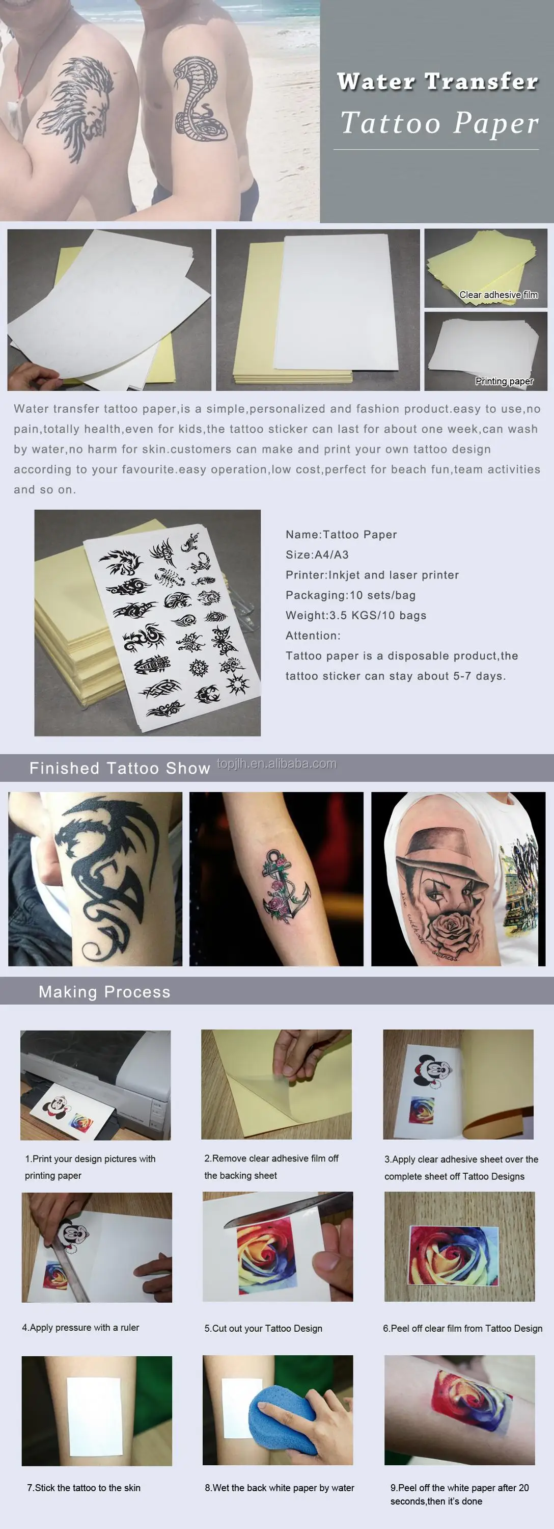 10sets/Lot) A4 Laser Inkjet Sticker Temporary Tattoo Transfer