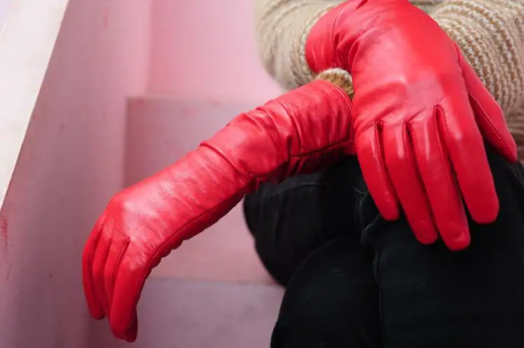 Ladies fashion red long leather gloves