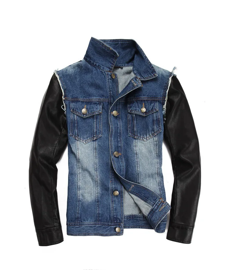 Men's Warm Padded Leather Sleeves Denim Quilted Button Down Jacket