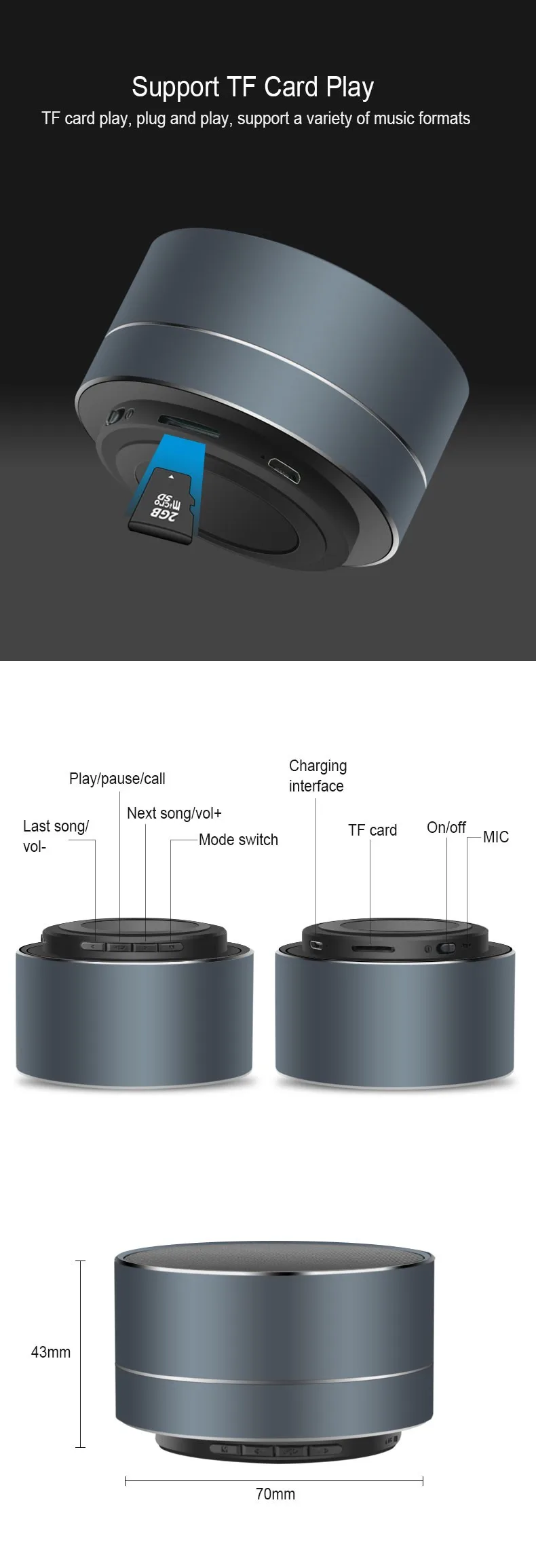 LED Light Mini Portable Wireless Subwoofer Support FM TF Card Bluetooth ...