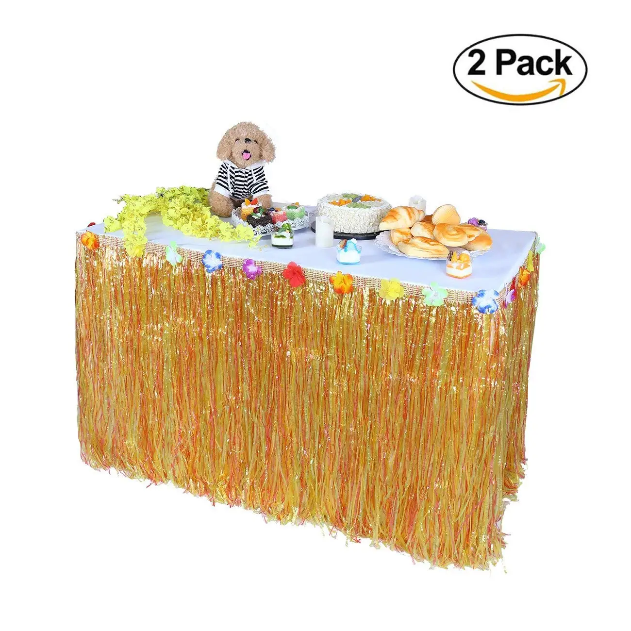 Hawaiian Party Supplies Set Includes 1 Pack 9ft Hawaiian Grass Table Skirt and 1 Pack 8.8ft Flowers Garland for Summer Luau Beach Party Decoration