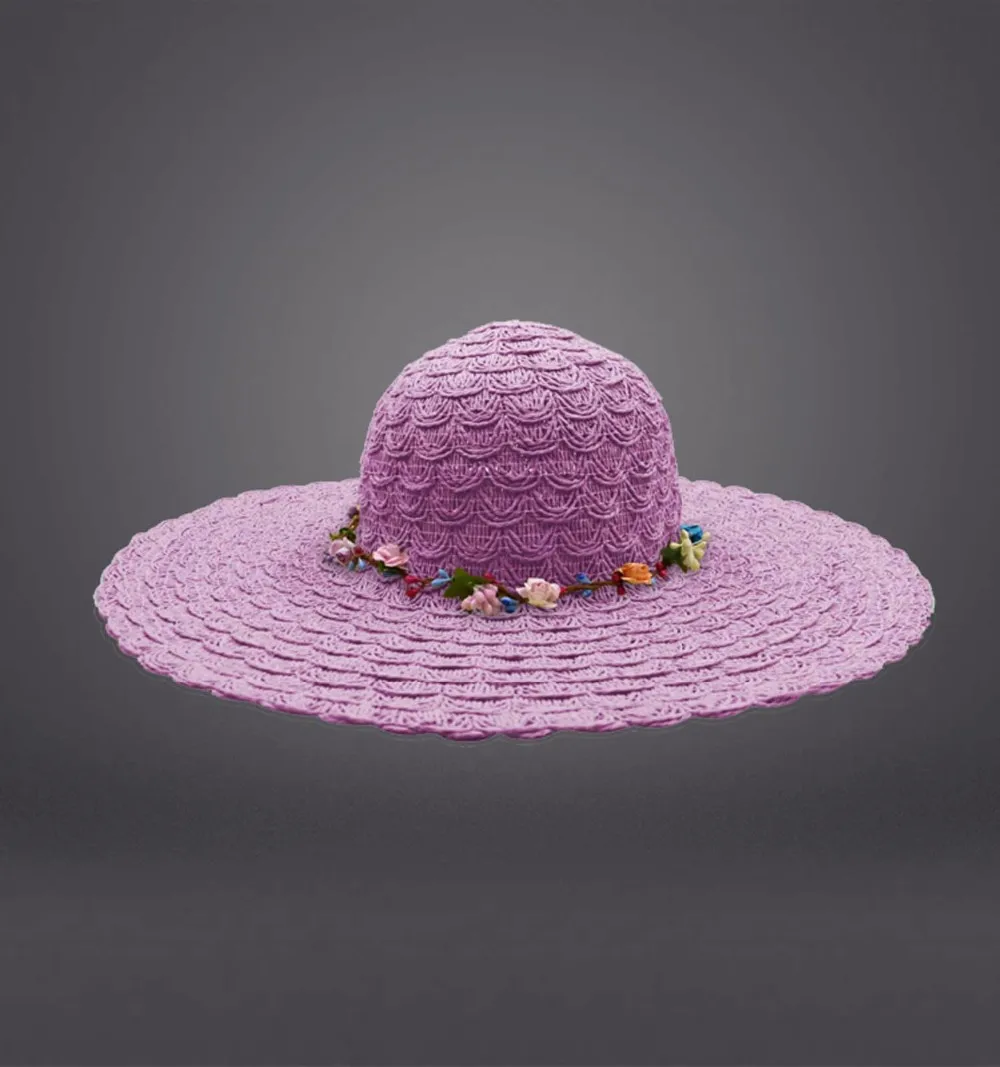 紫色最新设计大帽檐软盘帽子与女孩太阳帽的花环装饰