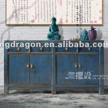 Chinese Antique Dark Blue Shanxi Elm Wood Distressed Vanity