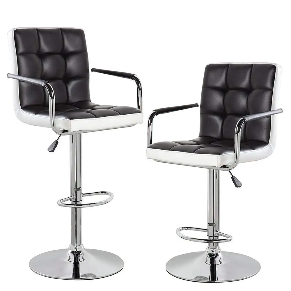Black KERLAND Morden Adjustable Swivel Bar Stools Set of 2 PU Leather Home Kitchen Bar Chairs with Arms and Padded Back Chrome Footrest
