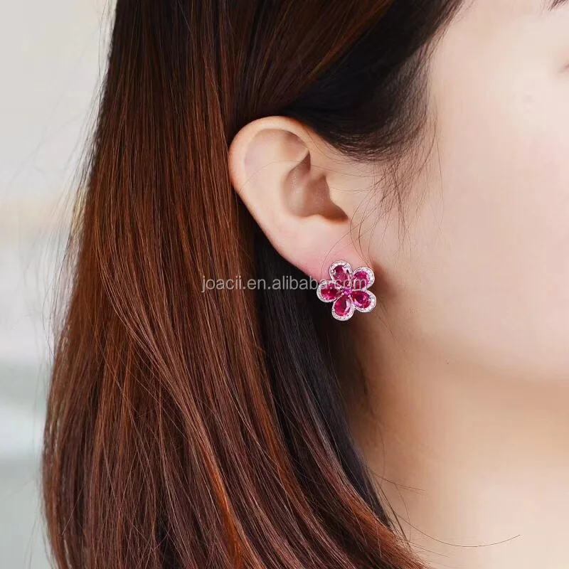 Joacii Plum Blossom Design Ruby Stone Zirconia S925 Silver Clip-on Earrings
