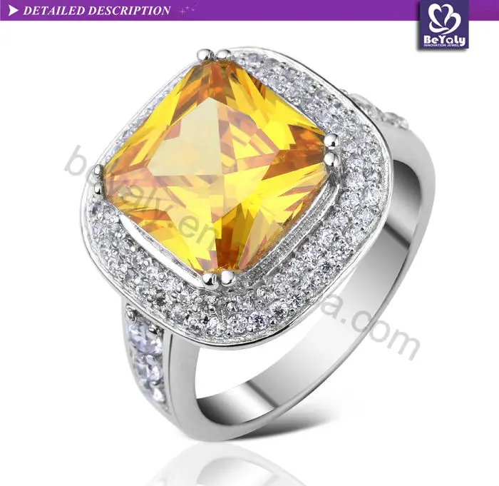 Yellow stone most popular rhodium plating sterling silver rings