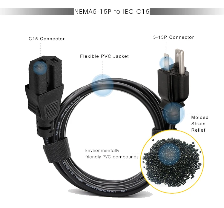 USA American 5-15p nema plug c15 male power cord electronic cable connector cord for monitor 11