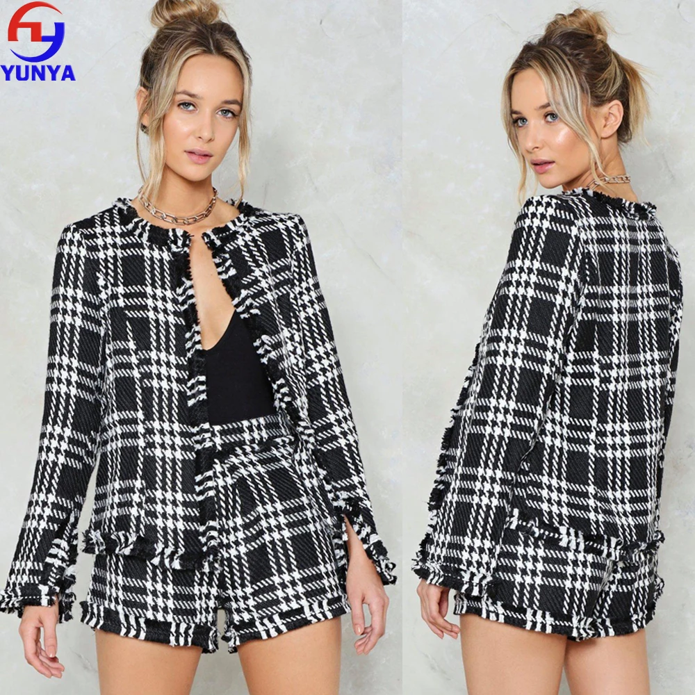 Hot sale fashion wholesale clothing houndstooth woolen tweed woman jacket