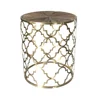 Stainless steel gold frame base reclaimed wood top round quatrefoil accent table