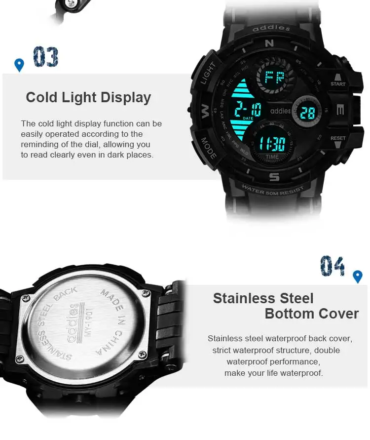 Addies 50M Waterproof LED Alarm Backlight Super Cool Watch Men Digital Sports Military Watch