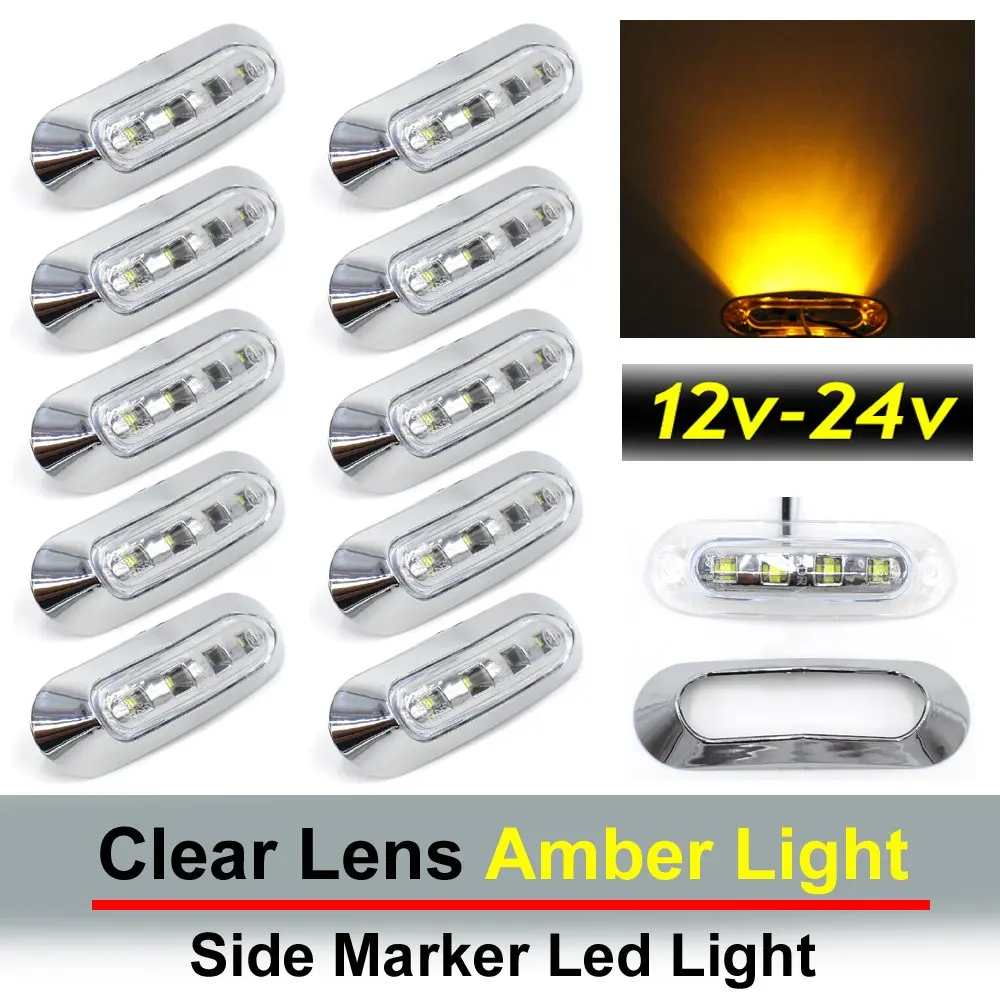 10 pcs TMH 3.6" submersible 4 LED Clear Lens Amber Light Side Led Marker 10-30v DC , Truck Trailer marker lights, Marker light amber, Rear side marker light, Boat Cab RV