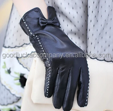 Classical bowknot Women's black Leather Gloves