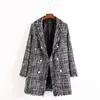 Fashion British Blazer hot sell high quality double-breasted checked tweed blazer woman Trench buttons long Tweed jacket coat