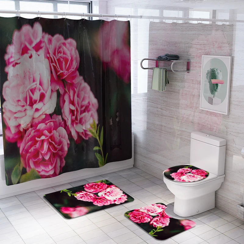 Custom Logo print 3d polyester fabric three 4 pieces bathroom mat bath rug sets 72"*72" shower curtain