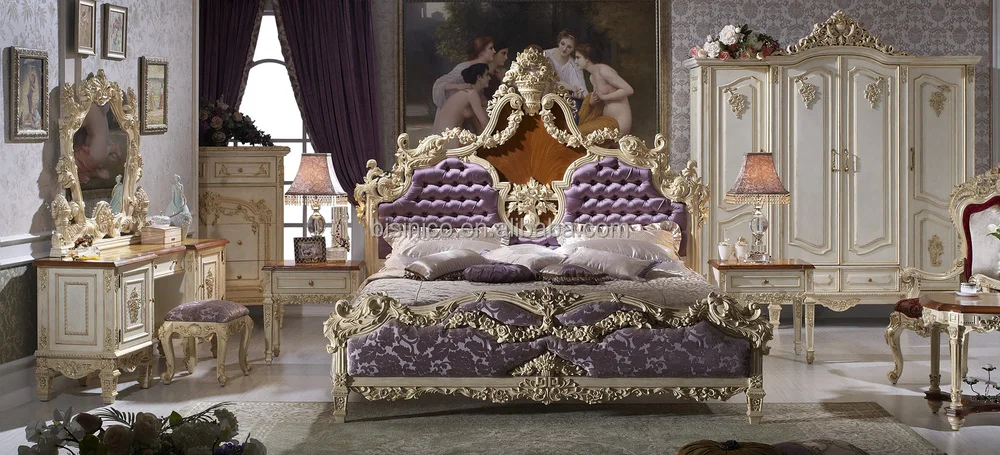 Solid Beech Wood Hand Carved Royal Rococo Bedroom Furniture, Anqitue Baroque Bed Room Set 