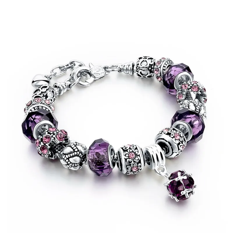 Silver Bracelet With European Charms Purple,Inspired Charm Beads ...