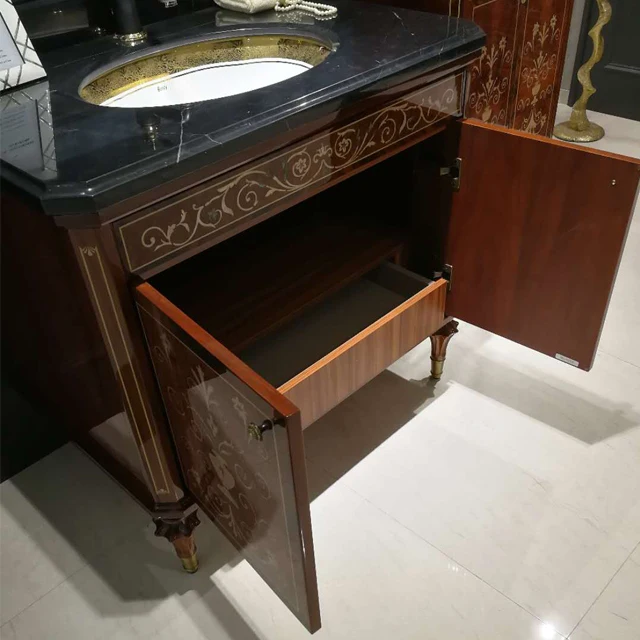Baroque Antique Royal Bathroom Vanity With Golden Ceramic Basin Natural Rosewood Veneer
