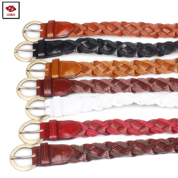 Women Knitted Braided Bonded Leather Belt Braided Cowhide Leather Belt