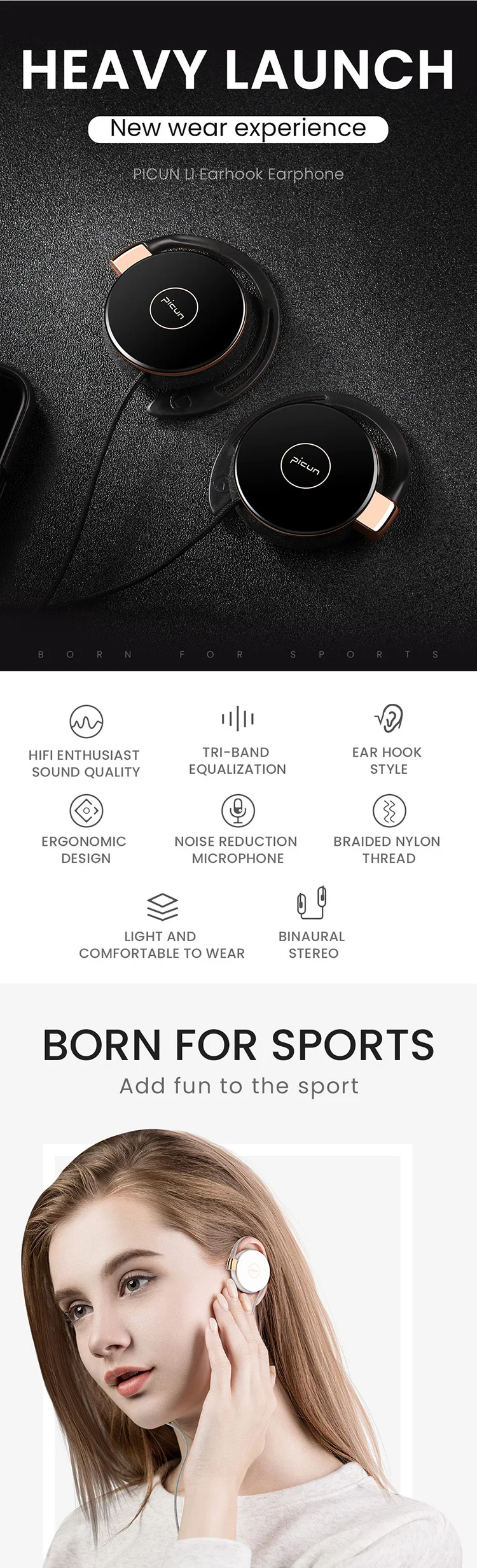 picun L1 universal line in control volume media ear hook earphones wired headphone