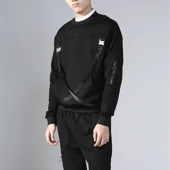 Hot Design Your Own Mens Black Crew Neck Plain French Terry Streetwear Sweatshirts With Tape 