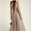 women wedding sexy V neck straps Long Sleeve Polka Dot Tulle see through Lace Evening tulle silk bubble Dress Long Formal Gown
