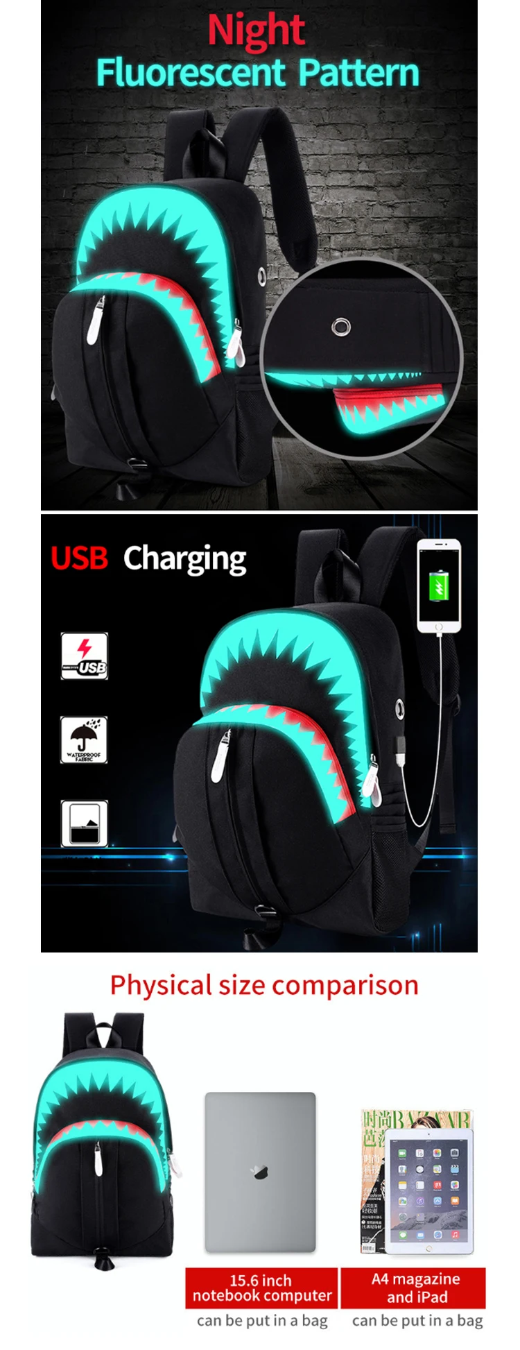 Osgoodway2 Big Mouth Shark Outdoor Safety Magic Luminous USB Charger School Backpack Bag