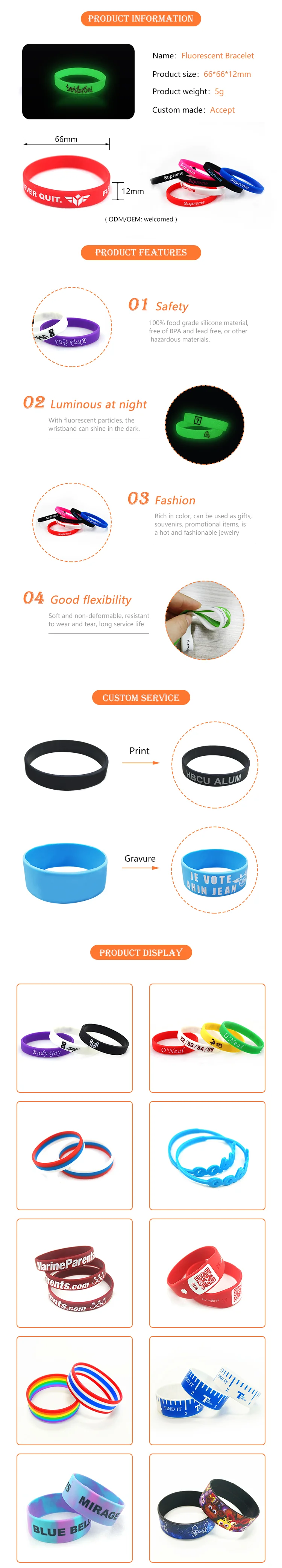 Custom printing reusable silicone fluorescent bracelet for star concert