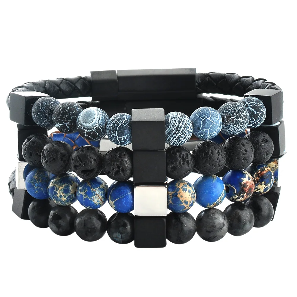 Wholesale Fashion Handmade High Quality Custom Jewelry Black Gemstone Natural Lava Stone Mens Leather Bead Bracelet