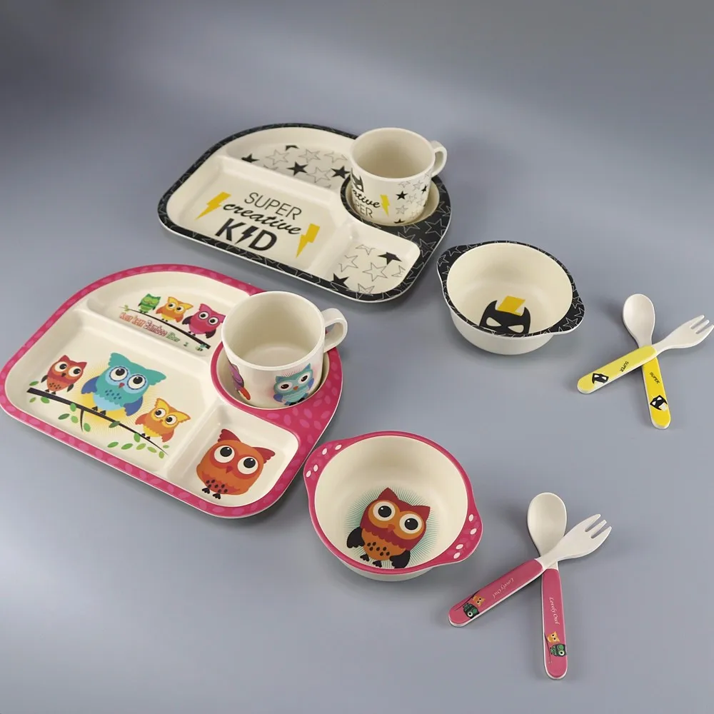 Hot Sale Kids Dining Plate Set 5 Pcs Bamboo Dinnerware Children Cutlery 