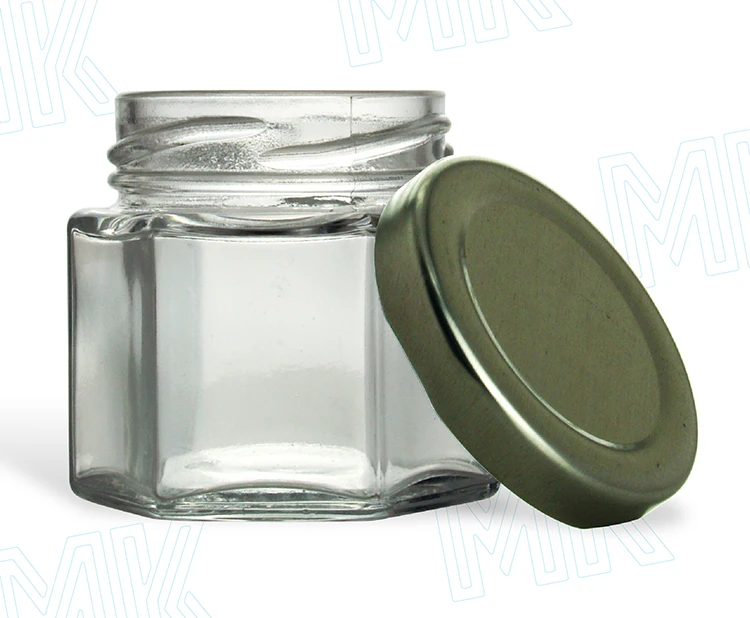 Download 2oz 50ml Clear High Quality Glass Hex Jar Sell On Amazon For Honey With Black Metal Plastisol ...