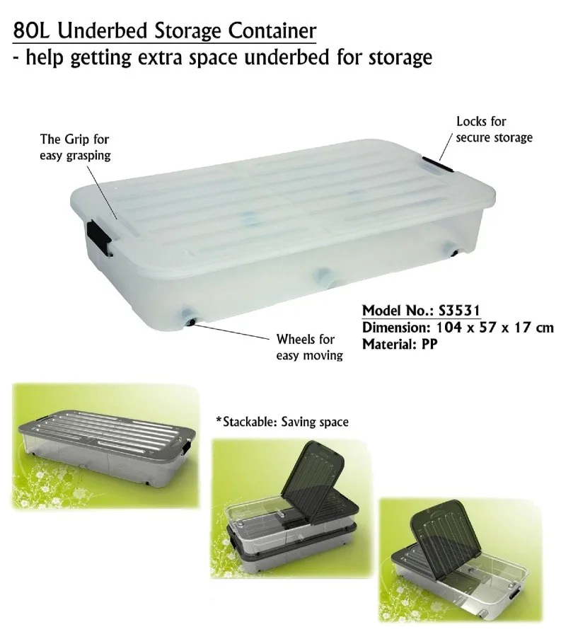 38l/80l Transparent Plastic Underbed Storage Box / With Clips And ...