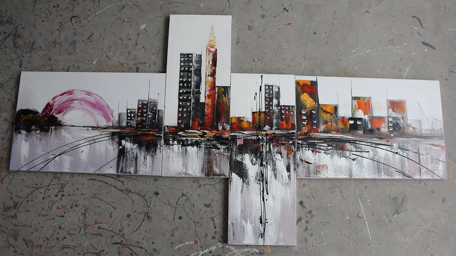 Ode-Rin Art Christmas Gift Hand Painted Abstract Ode-Rin Art Christmas Gift Oil Paintings City Miniature 4 Panels Wood Inside Framed Hanging For Home And Wall Decoration.