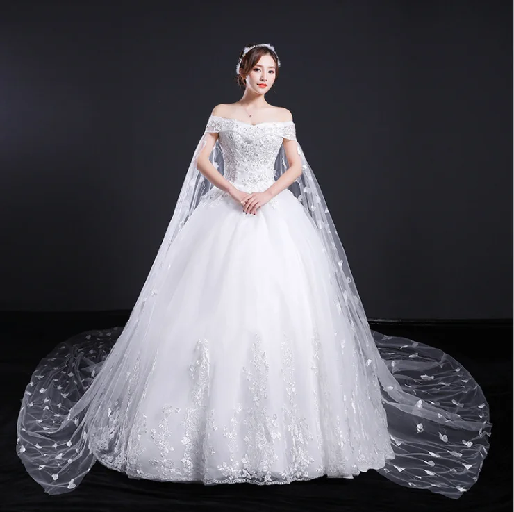 ZH2367G Fancy Long Chapel Train Ball Gown Wedding Dresses Off the Shoulder Lace Appliques Bridal Gown