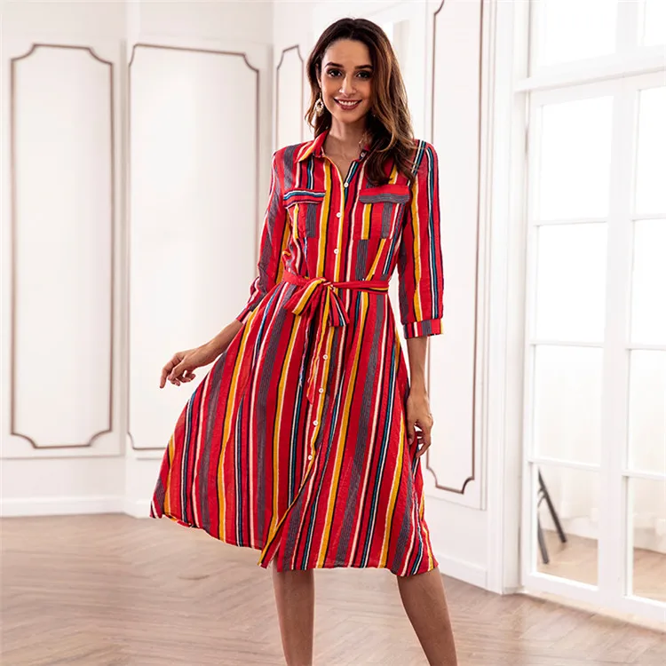 China Supplier Custom Autumn Colorful Striped Button Up Tie Waist Half