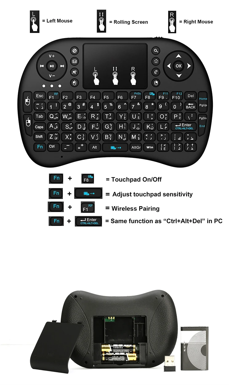 Ergonomic surface pocket android smart tv laptop electronic mechanical gaming led backlit usb mini wireless keyboard