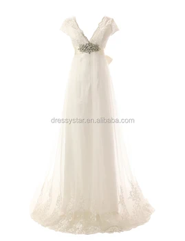 Ivory Backless V Neck Cap Sleeve Bridal Gown Tulle Lace Wedding