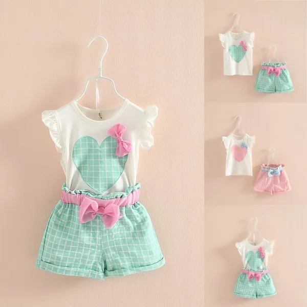 Baby Kids Girls Sleeveless Heart Bow Tops T Shirt Plaid Short Pants Outfits 2 7Y