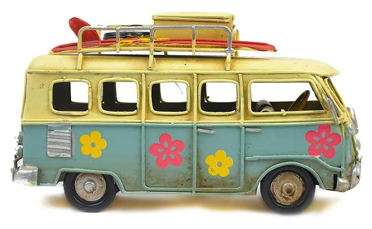 Vintage Colorful Flower Bus Metal Model Handmade Classic Camping Bus Toy Home Desktop Decoration Kid Girl Birthday Gift