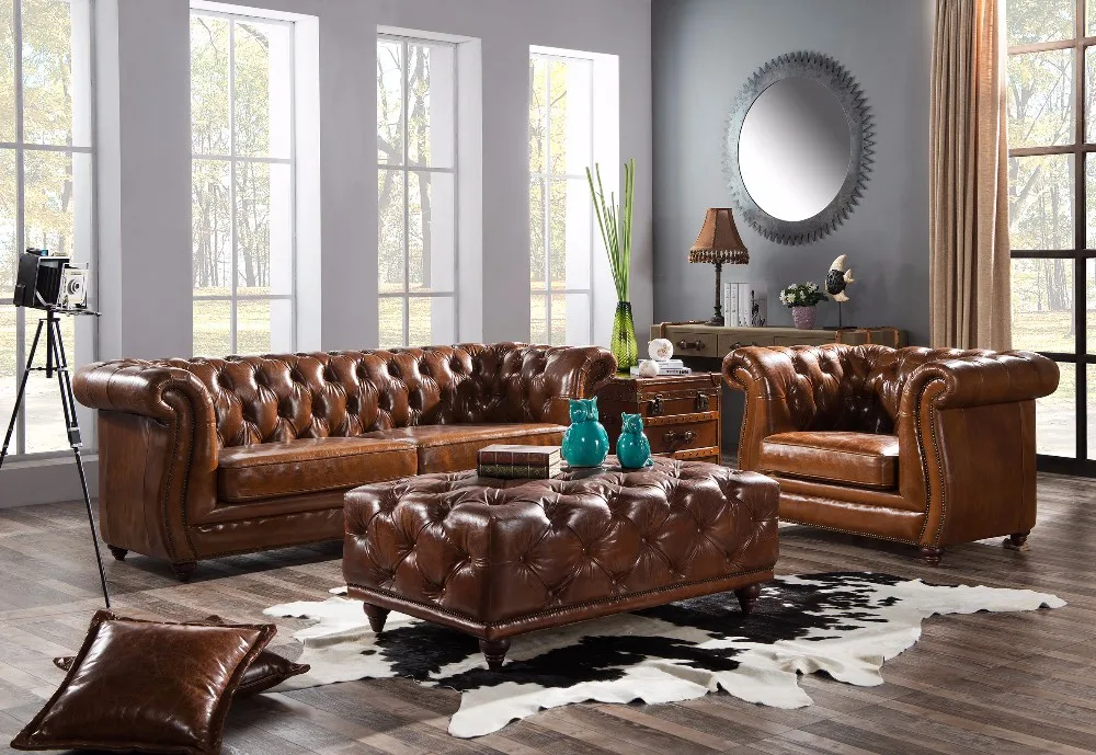 French Style Chesterfield Brown Leather Couch Sofa For Sale - Buy