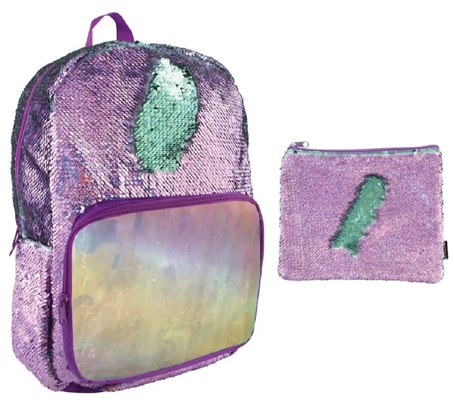 Style.Lab Magic Sequin Purple Holographic/Seafoam Sequin Backpack with Matching Accessory Pouch