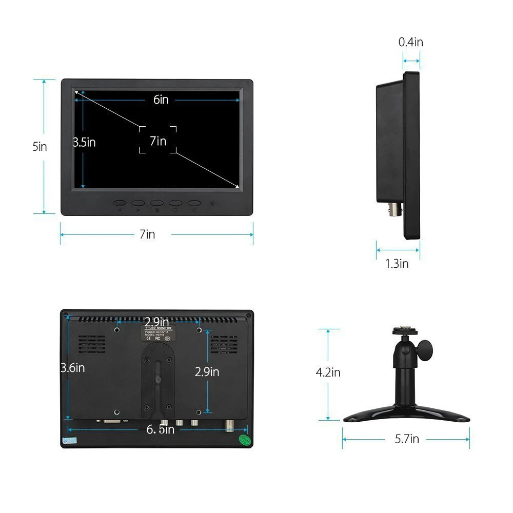 7 Inch 1024*600 Widescreen CCTV Security Monitor with VGA HD MI BNC AV Connection VESA Holes