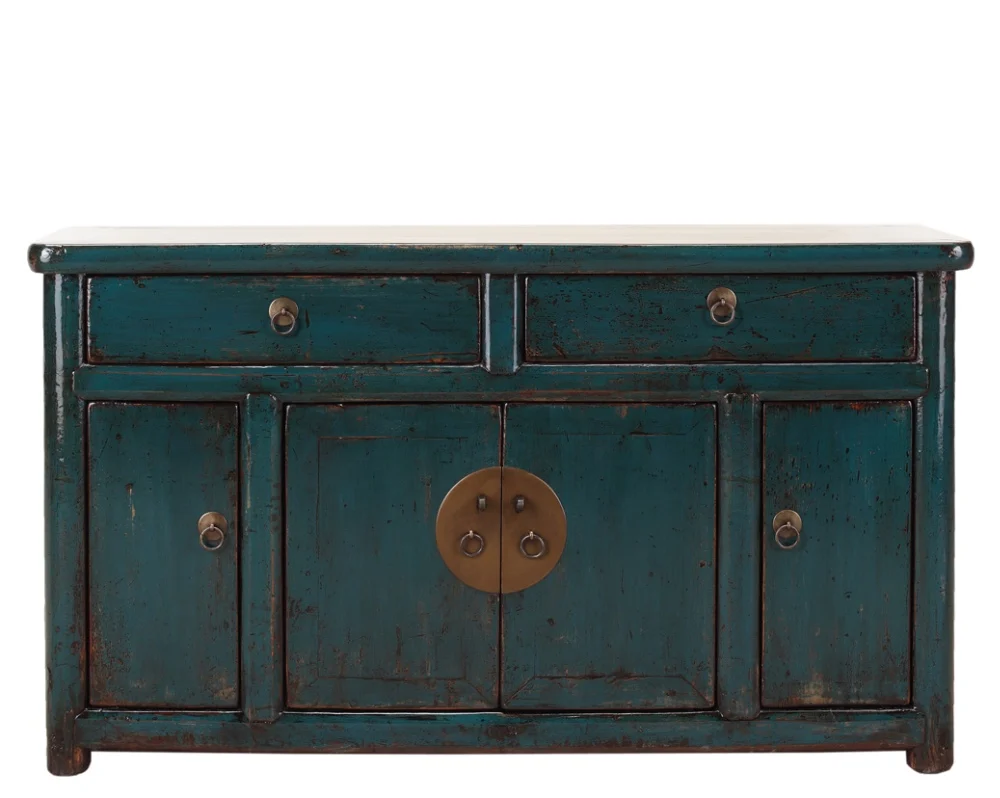 Teal Lacquered Oriental Sideboard With Distressed Rustic Finish