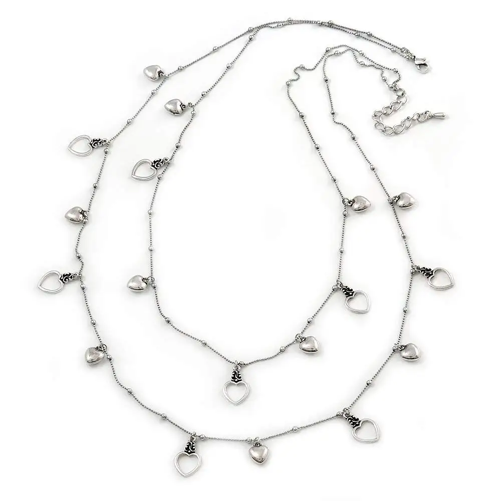 90cm L// 7cm Ext Long 2 Strand Heart Necklace In Silver Tone Metal