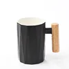 350ml Creative Porcelain White Black Ceramic mugs with wood Handle Lid Spoon Set
