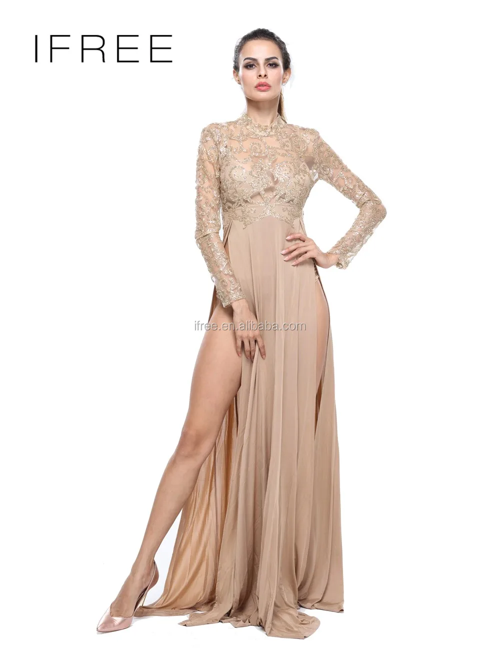 Noël Doré Longueur De Plancher Paillettes à Manches Longues Haute Fente Sexy Robe De Soirée Pour Les Grosses Femmes Buy Robe De Soirée Pour Les