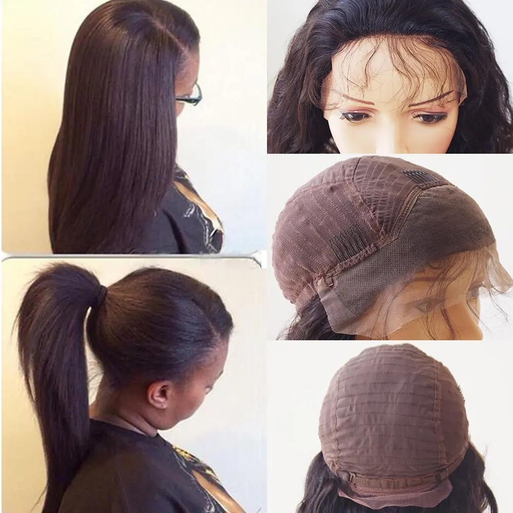 10''-22'' Glueless Virgin Brazilian Human Hair Lace Front Wig with Baby Hair Long Pre-plucked Lace Front Wig Natural Hairline Straight Lace Wig +Elastic Wig Net(16'' / 16 inch,#1B Natural Black)